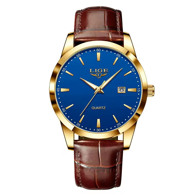 LIGE Black Leather Strap Date Quartz Watch