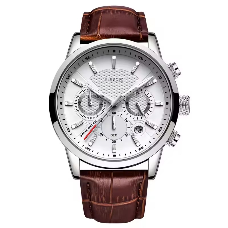 LIGE Blue Dial Chronograph Leather Strap Watch